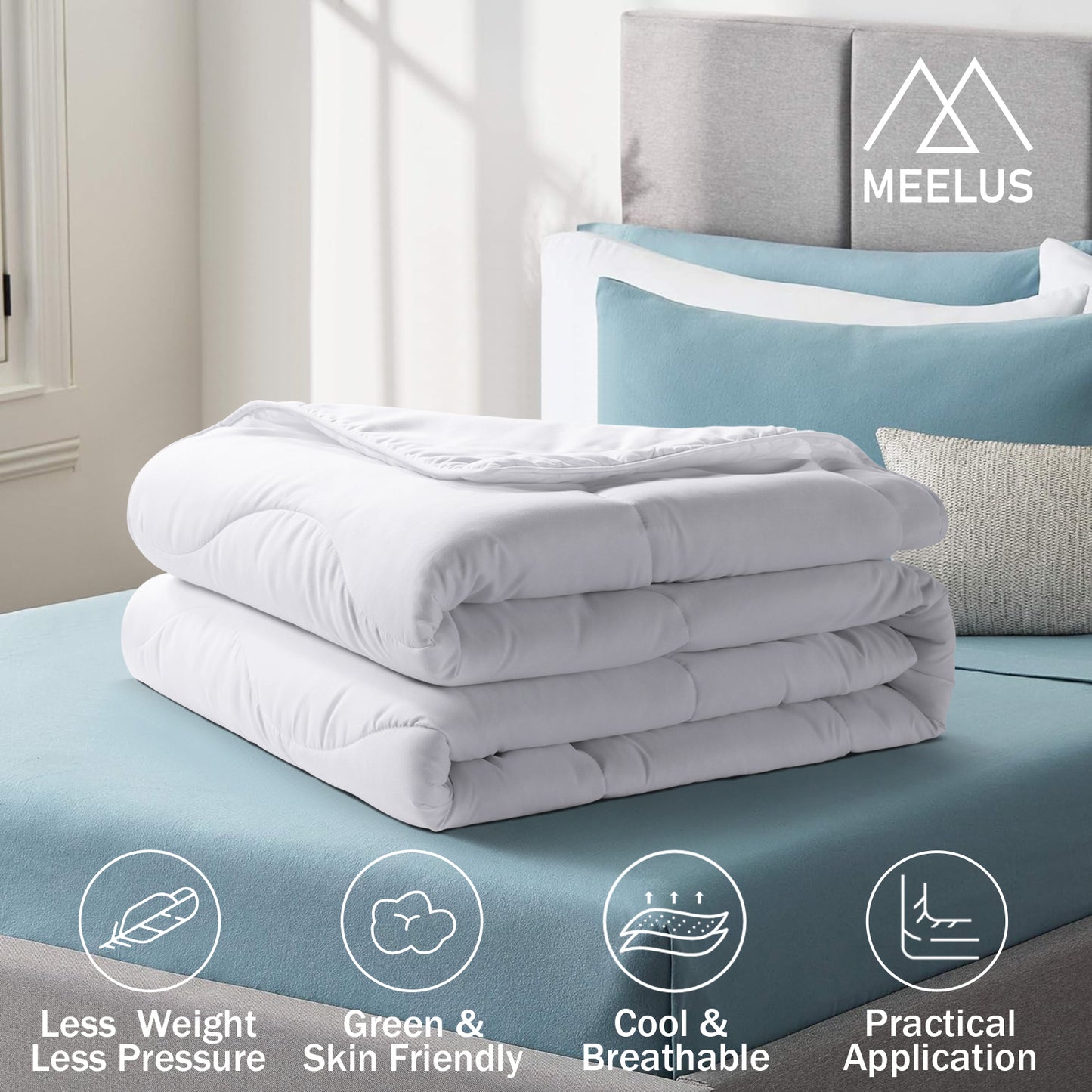 MEELUS Lightweight Comforter Cooling White, All Season Duvet Insert Breathable Queen Size Summer Bedding, Soft Microfiber Cool Down Alternative Quilt with Corner Tabs, 88x88 inch